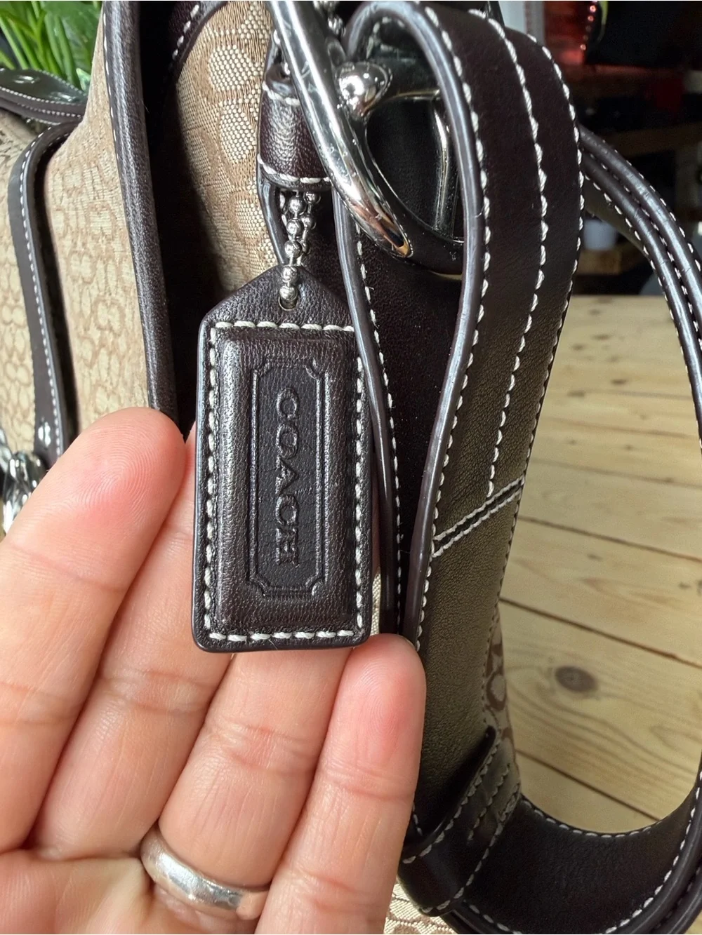 Coach Authentic Vintage Leather-Trim Brown Signature Crossbody Bag